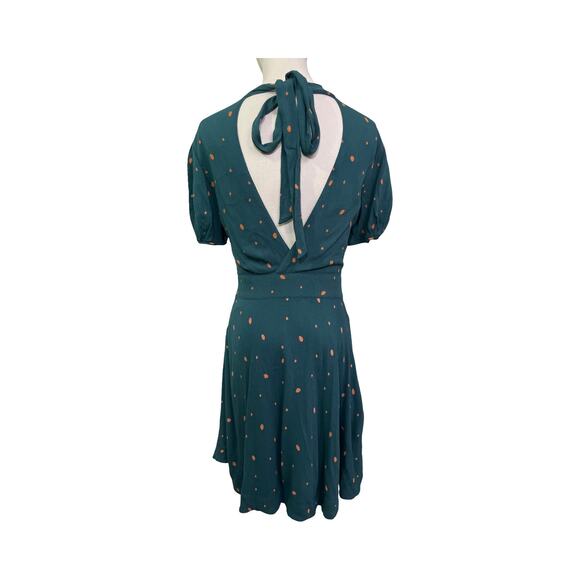 Free People Green Polka Dot Fit & Flare Mini Dress Size 6 Open Back Puff Sleeve - Picture 6 of 8